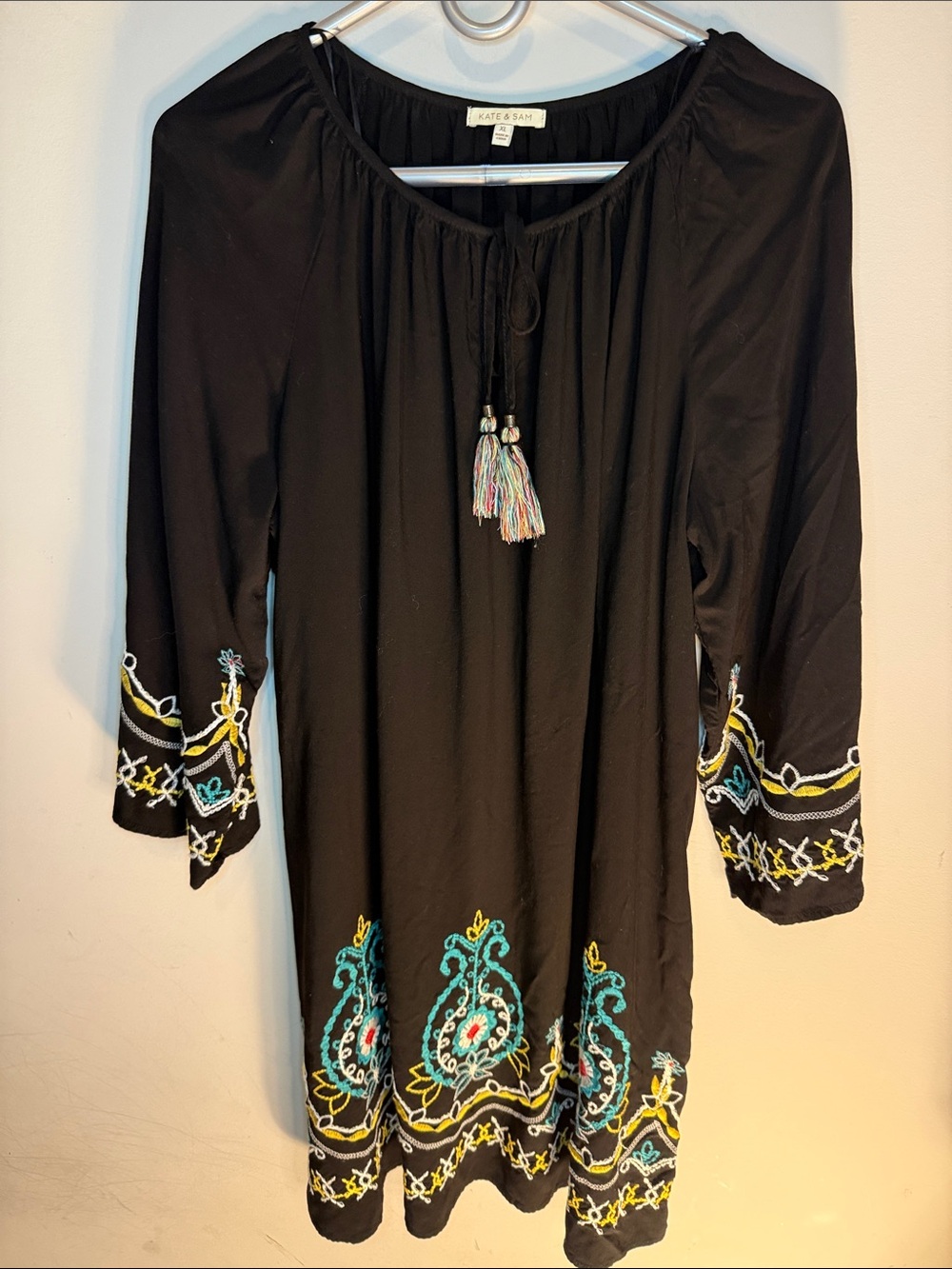 Black Embroidered Peasant Tunic with Tassel Tie XL boho